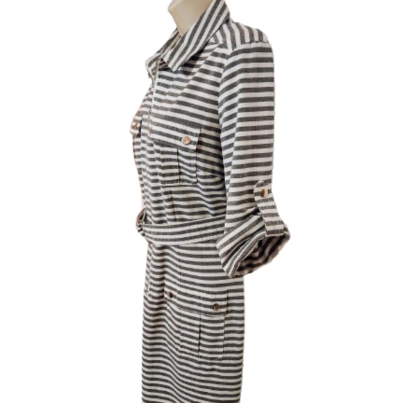 ❗️SOLD❗️Sharagano Striped Convertible Sleeve Zip Belted Utility Shirt Dress Grey - Picture 4 of 12